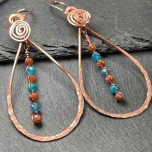 Goldstone And Blue Apatite Gemstone Hammered Copper Hoop Earrings Artisan Made